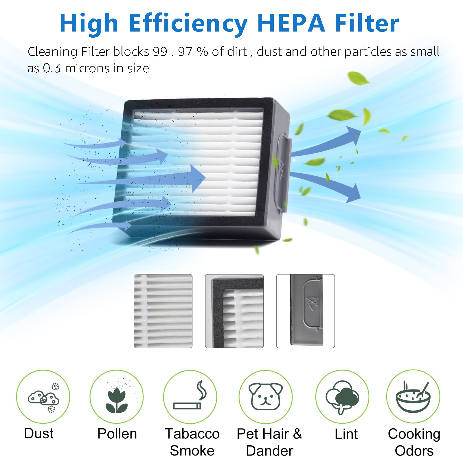 HEPA-Filter mit Text und Symbolen. Zeigt Staub, Pollen, Tabakrauch, Tierhaare, Fusseln und Kochgerüche.