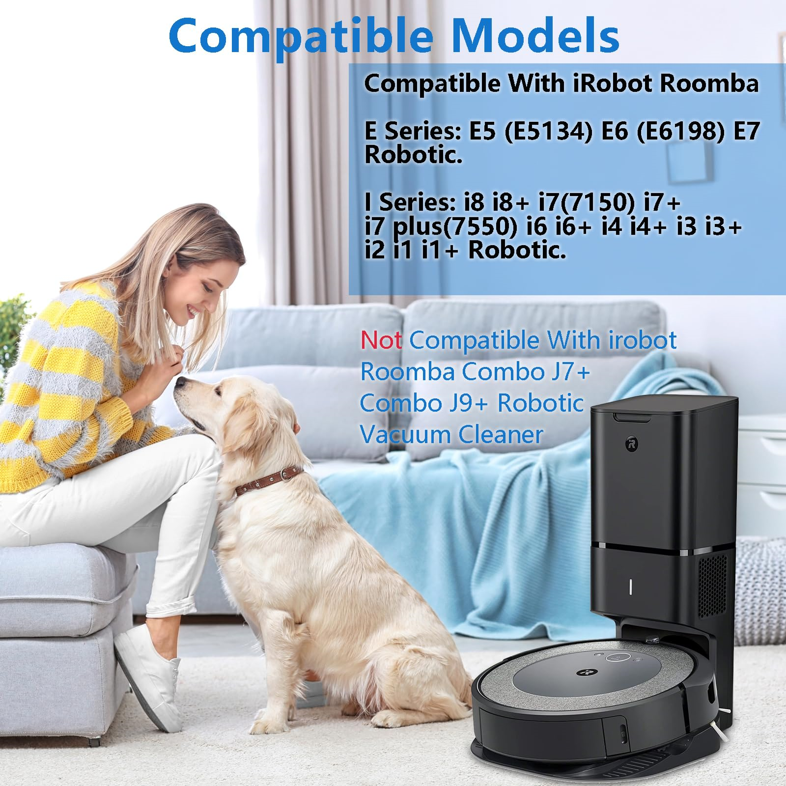 Frau und Hund in der Nähe eines Roboter-Staubsaugers mit Liste kompatibler Modelle.