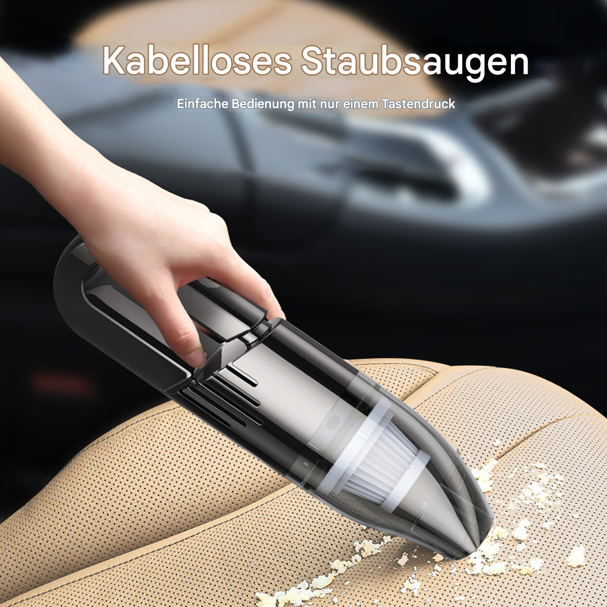 Ein Handstaubsauger wird auf einem Autositz verwendet. Der Staubsauger ist schwarz und silber.