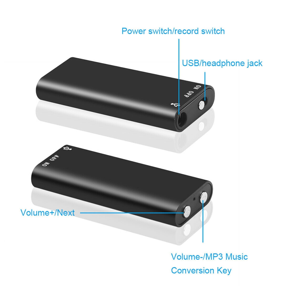 Schwarzes Aufnahmegerät mit Tasten und Beschriftungen. USB/Kopfhöreranschluss. Lautstärke.