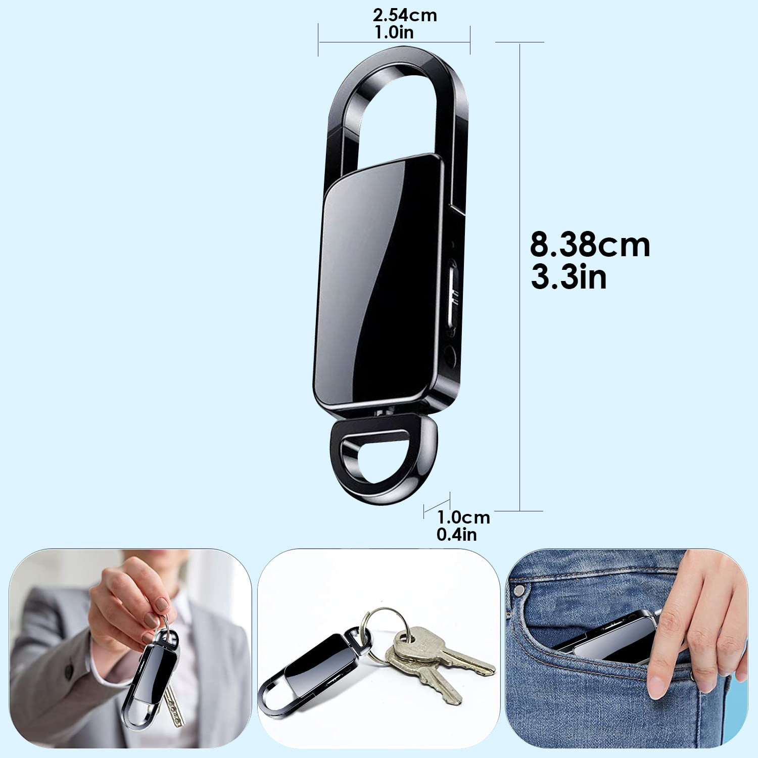 Schwarzer Schlüsselhalter mit Schlüsseln und einem Lineal zur Größenangabe.