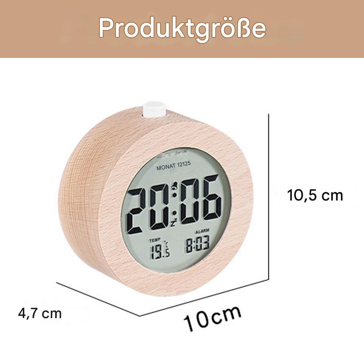 Eine digital Uhr in Holzoptik mit der Uhrzeit 20:06 und der Anzeige von Datum und Alarm. Abmessungen sind angegeben.