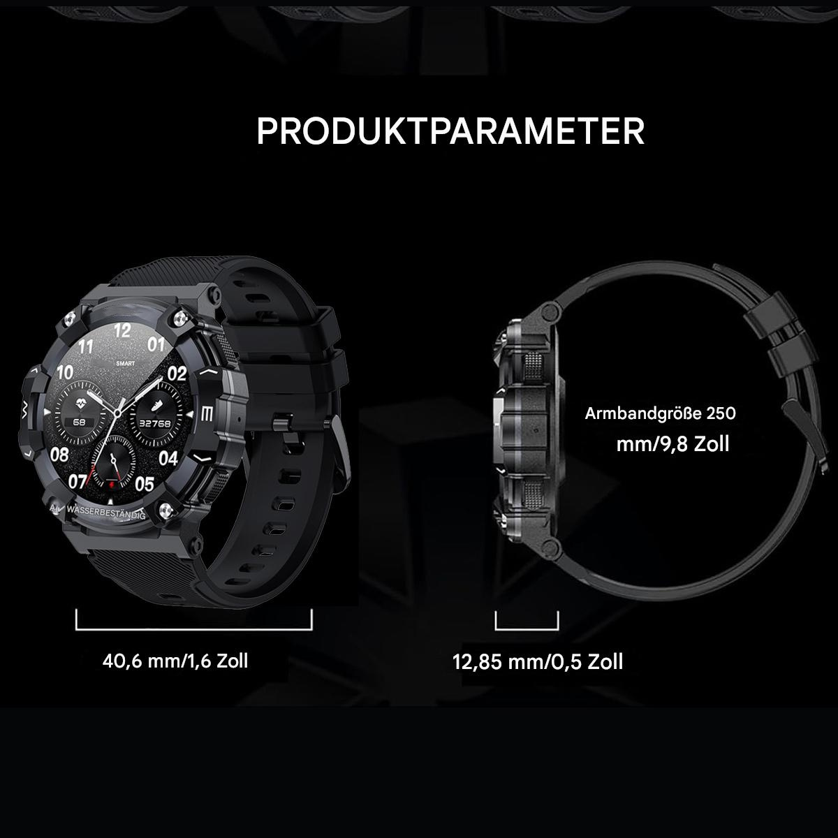 Eine schwarze Smartwatch, die Zeit und Datum anzeigt. Zwei Ansichten: vorne und seitlich. Maße sind drauf.
