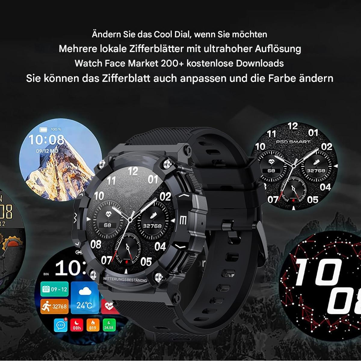 Eine schwarze Smartwatch mit mehreren angezeigten Zifferblättern, die Zeit, Datum und Gesundheitsmetriken anzeigen.