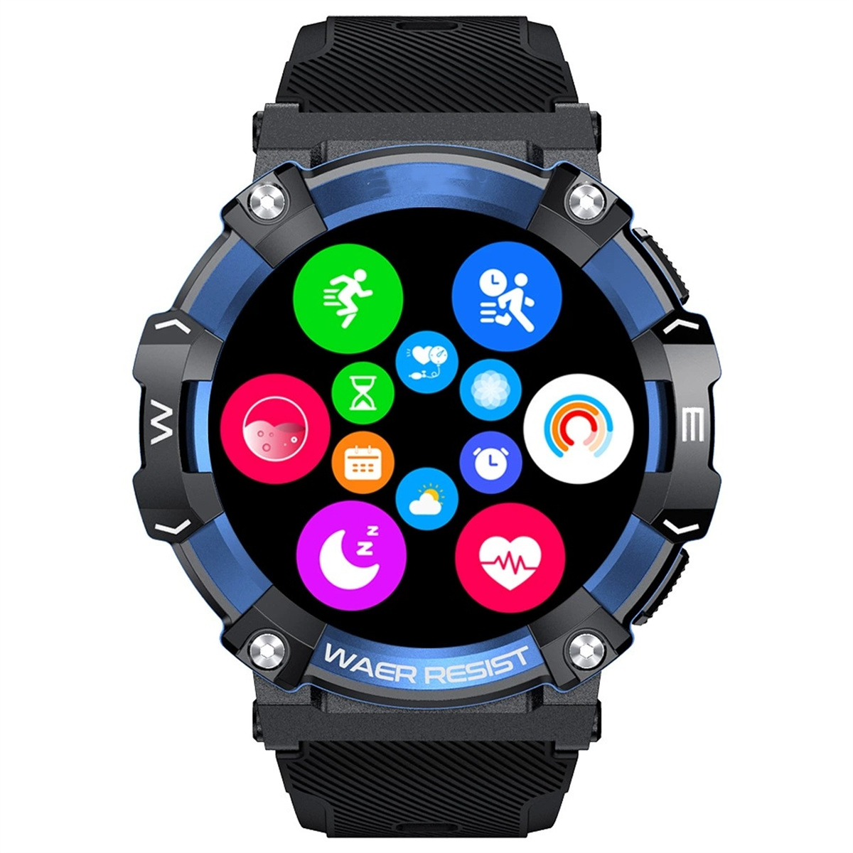 Smartwatch mit blauem Rahmen und mehreren App-Symbolen auf dem Bildschirm.