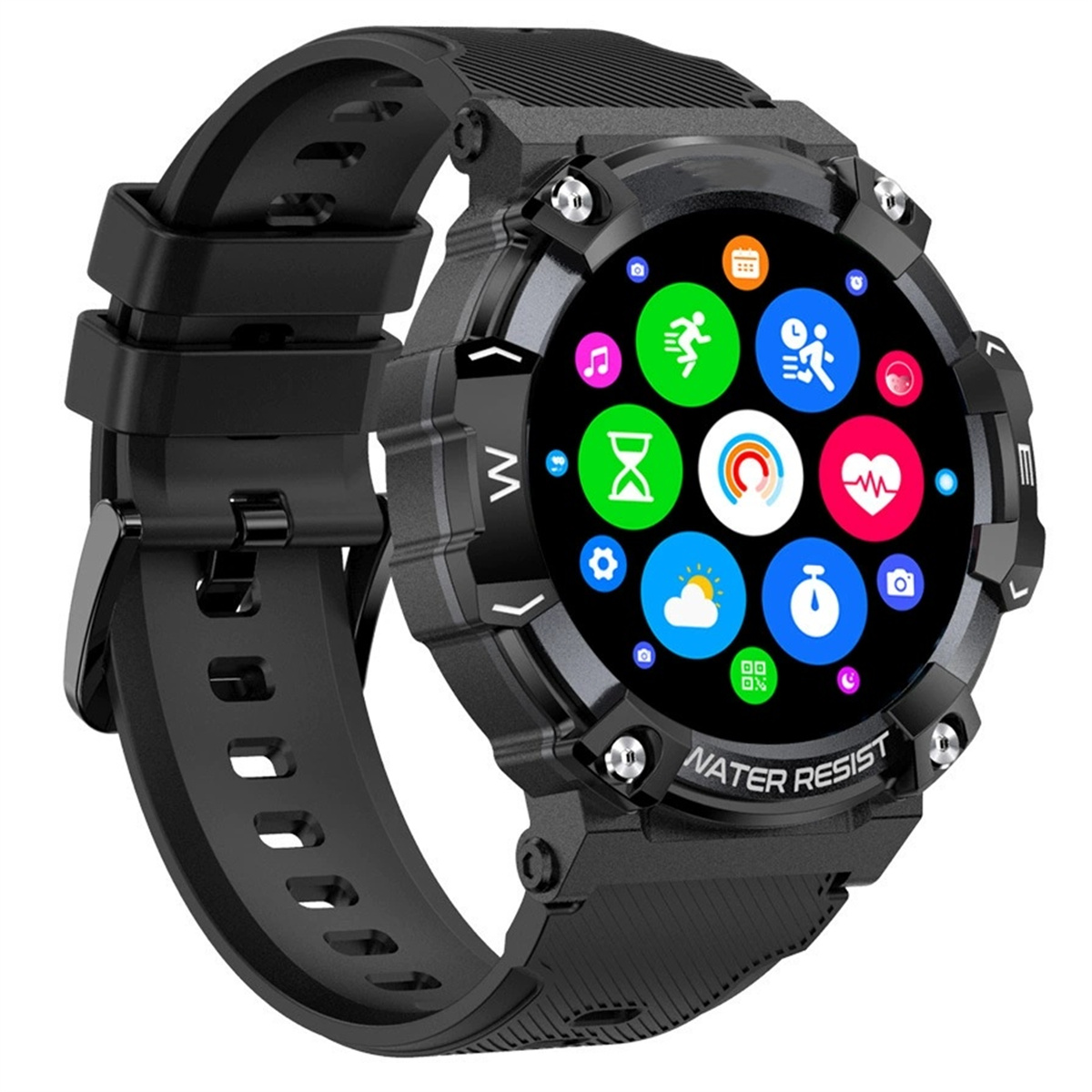 Eine schwarze Smartwatch mit rundem Bildschirm, der bunte App-Symbole anzeigt.