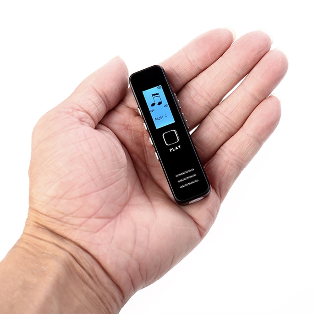 Ein schwarzer Musikplayer in der Hand, der einen blauen Bildschirm mit Noten und der Play-Taste zeigt.