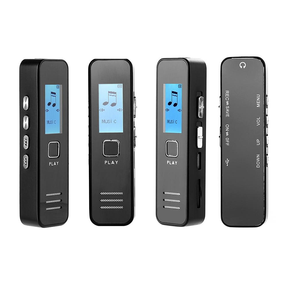Vier schwarze MP3-Player mit Bildschirmen. Jeder zeigt ein Musiknoten-Symbol. Tasten an den Seiten, oben und unten.