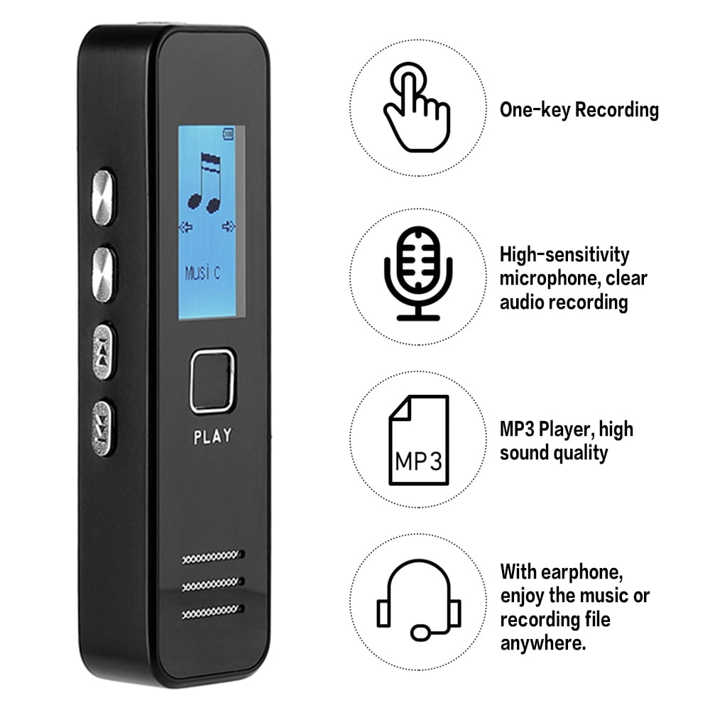 Ein schwarzer MP3-Player mit Bildschirm und Symbolen. Er hat Tasten für Aufnahme, Wiedergabe und Lautstärkeregelung.
