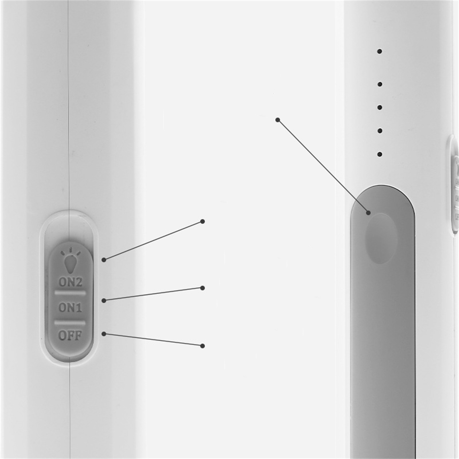 Nahaufnahme eines weißen Geräts mit EIN/AUS-Schalter und Batteriestandsanzeige. Details werden hervorgehoben.