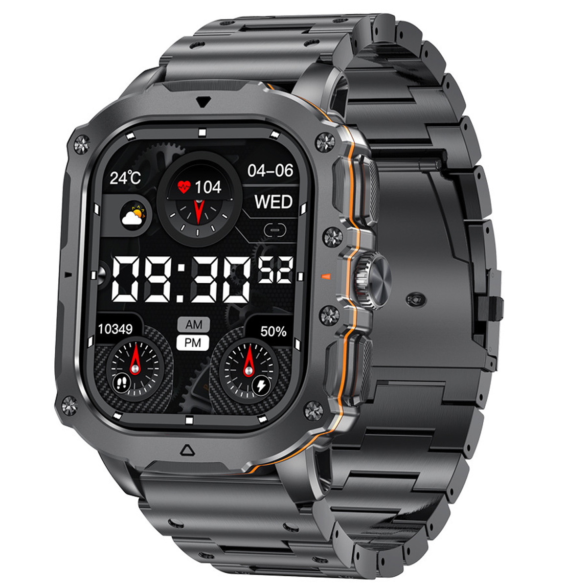 Schwarze Smartwatch mit Metallarmband, zeigt Zeit und Gesundheitsdaten auf schwarzem Bildschirm.