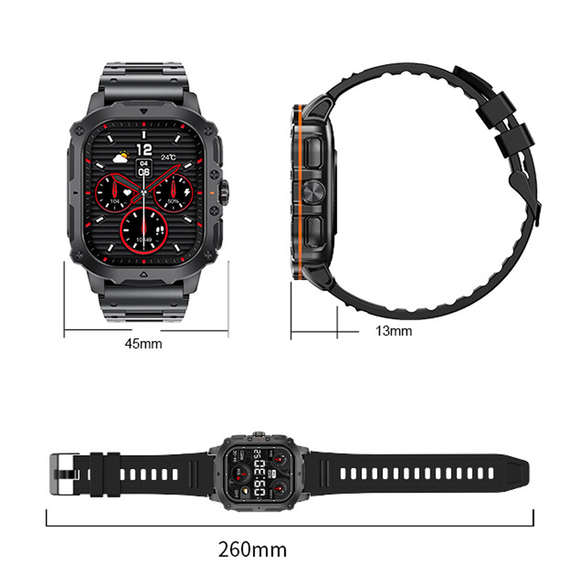 Eine schwarze Smartwatch mit den Maßen: 45 mm, 13 mm und 260 mm. Zeigt rote und orangefarbene Details.