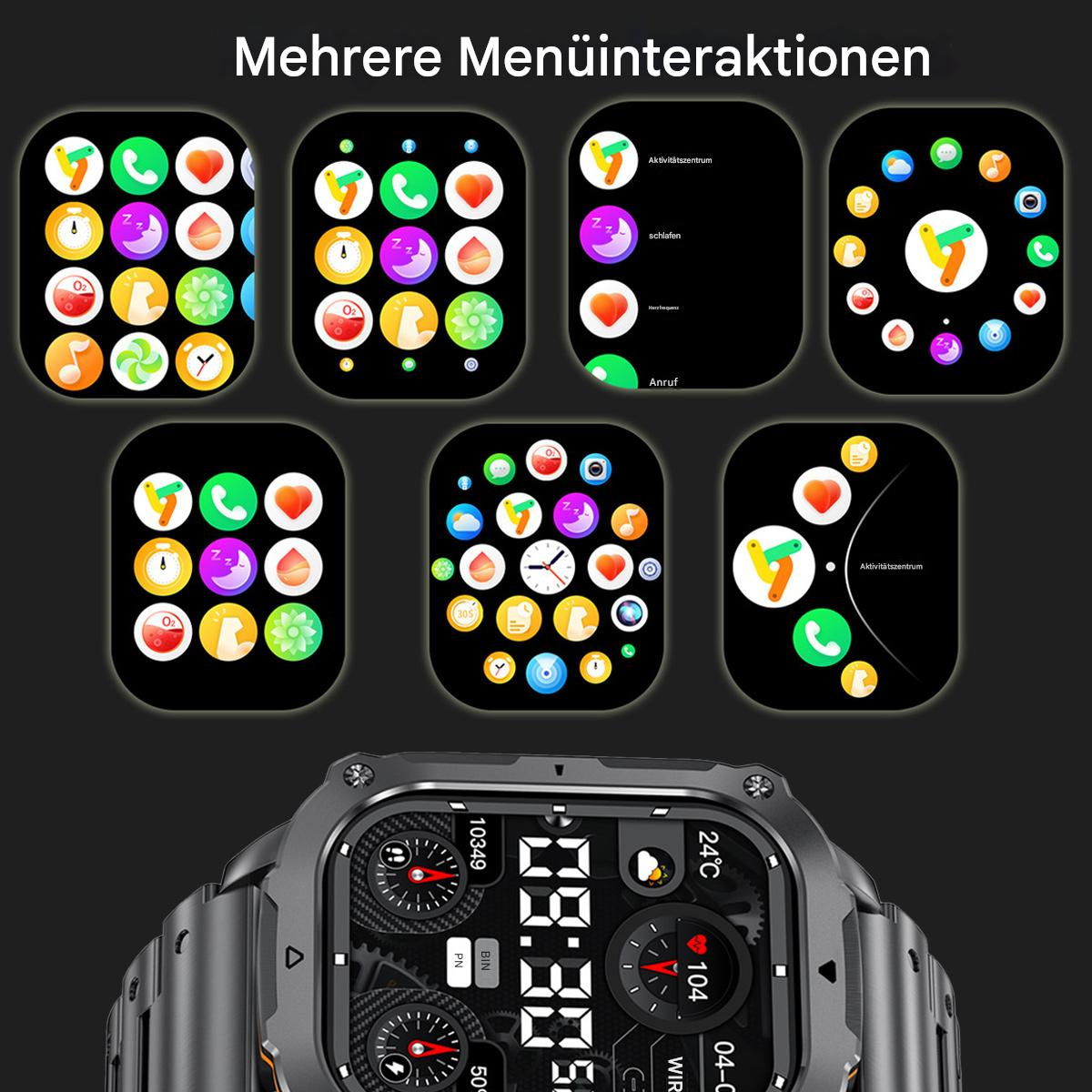 Eine Smartwatch mit mehreren App-Symbolen auf dem Bildschirm. Die Uhr ist schwarz mit einem Metallarmband.