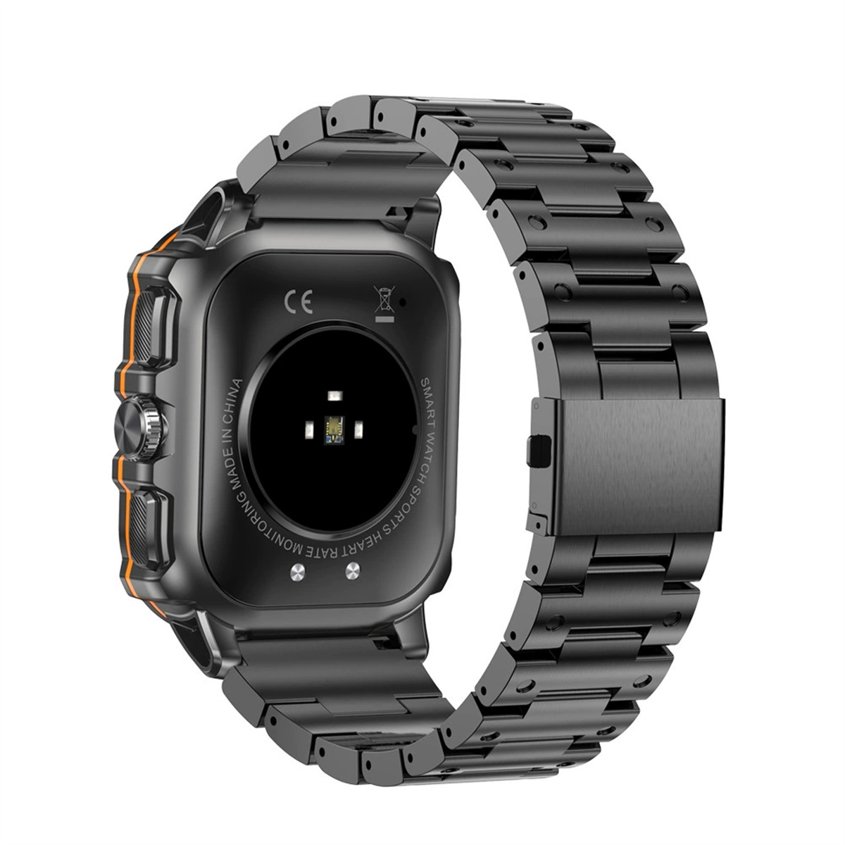 Schwarze Smartwatch mit Metallarmband. Die Rückseite der Uhr ist sichtbar.