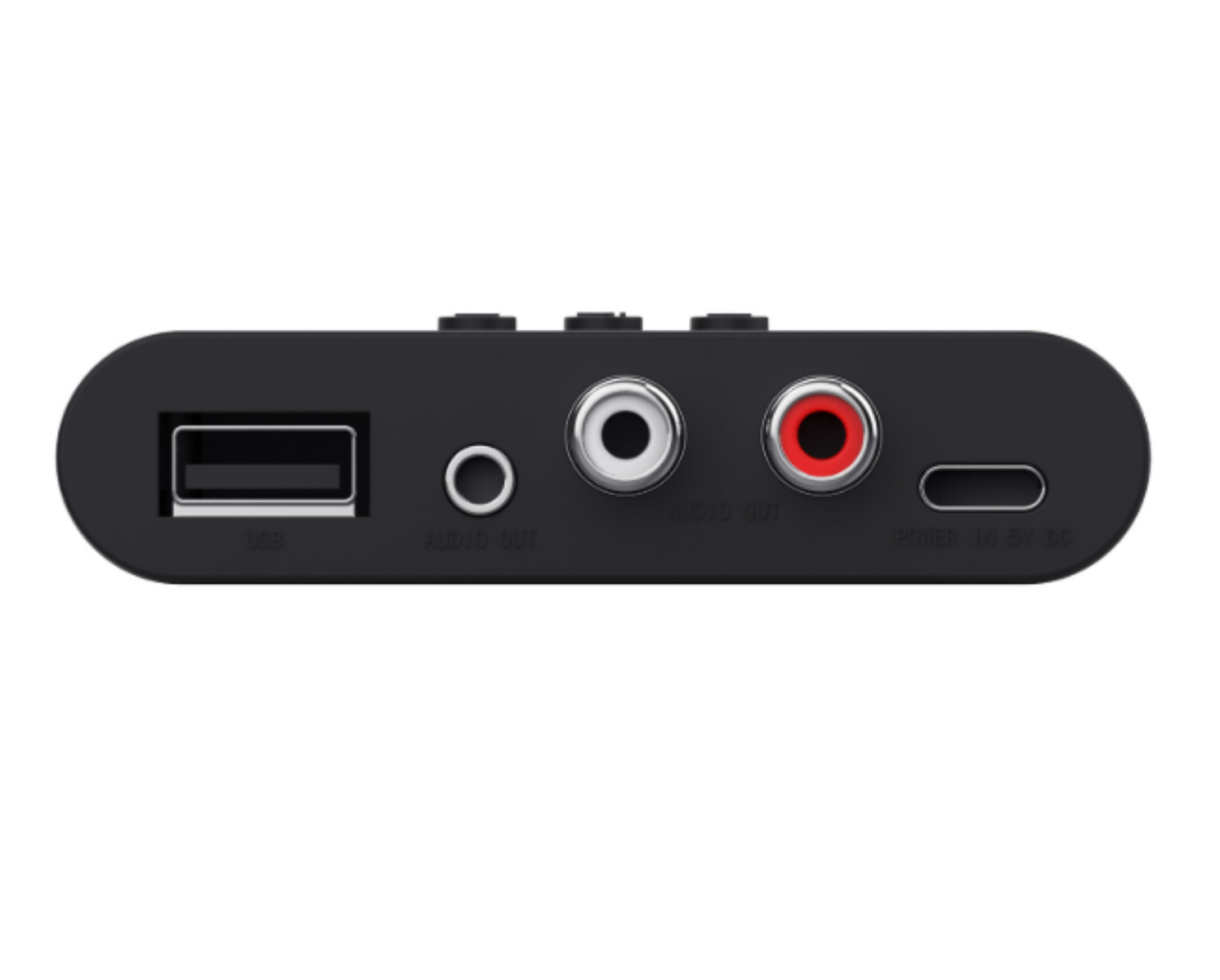 Schwarzes Gerät mit USB-, Audio- und Stromanschlüssen. Anschlüsse sind beschriftet.
