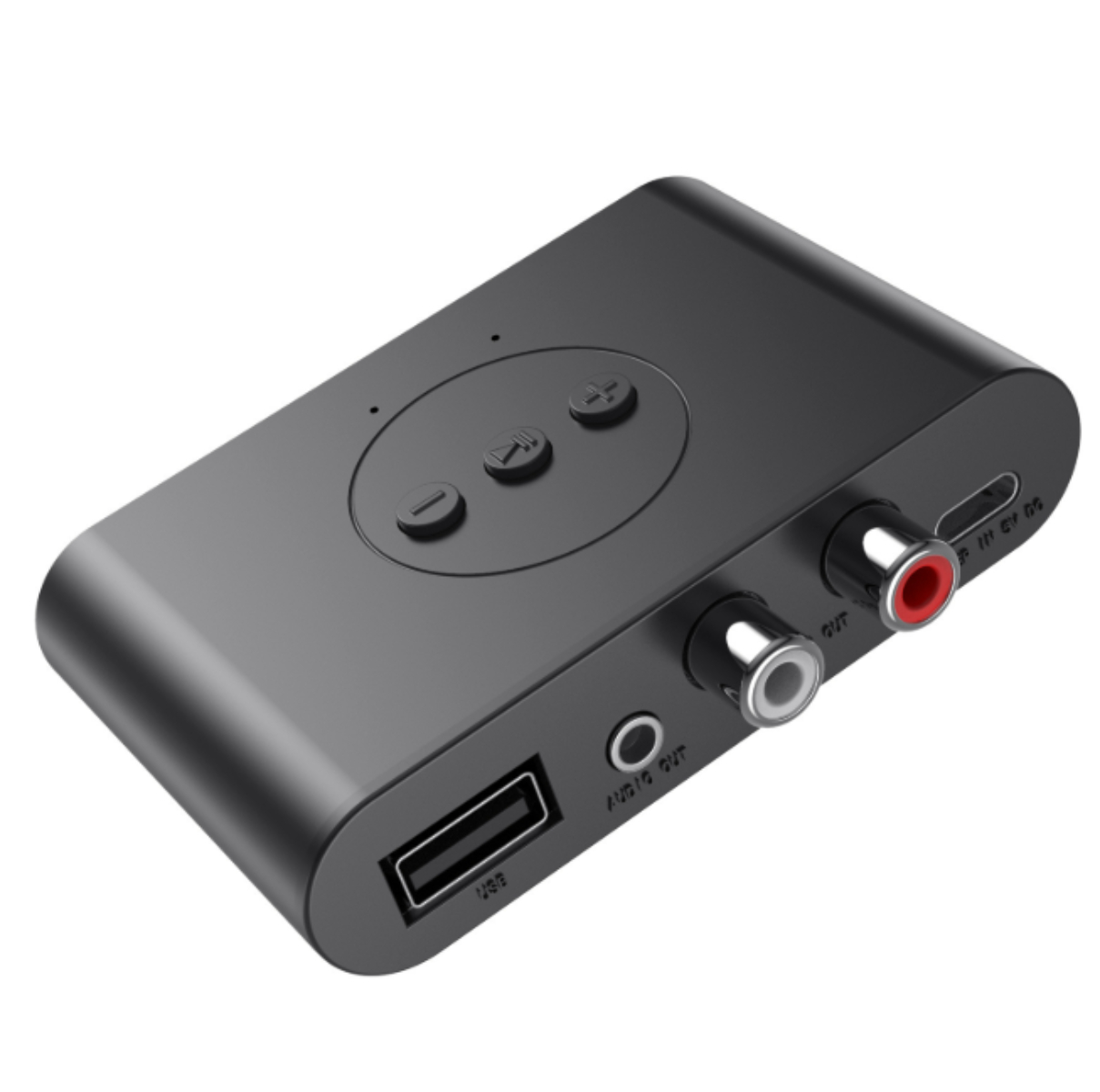 Ein schwarzes Gerät mit Tasten und Anschlüssen für Audio- und USB-Verbindungen.