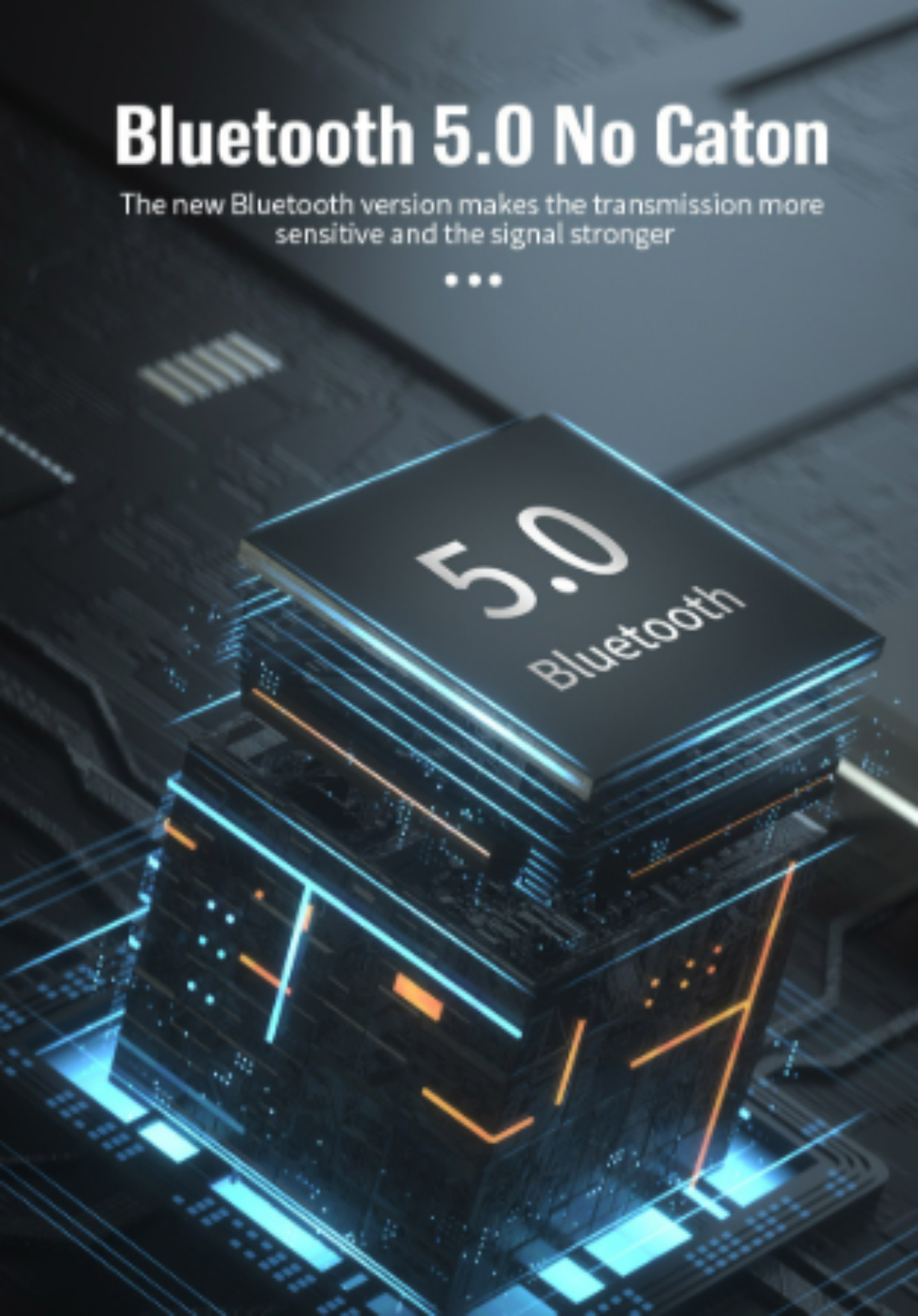 Nahaufnahme eines Bluetooth 5.0 Chips mit blauem Hintergrund und dem Text "Bluetooth 5.0 No Caton".
