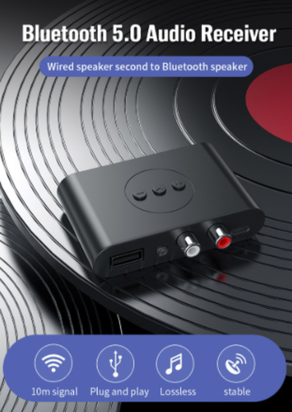 Schwarzer Bluetooth-Empfänger mit Knöpfen und Anschlüssen auf Vinyl-Hintergrund.