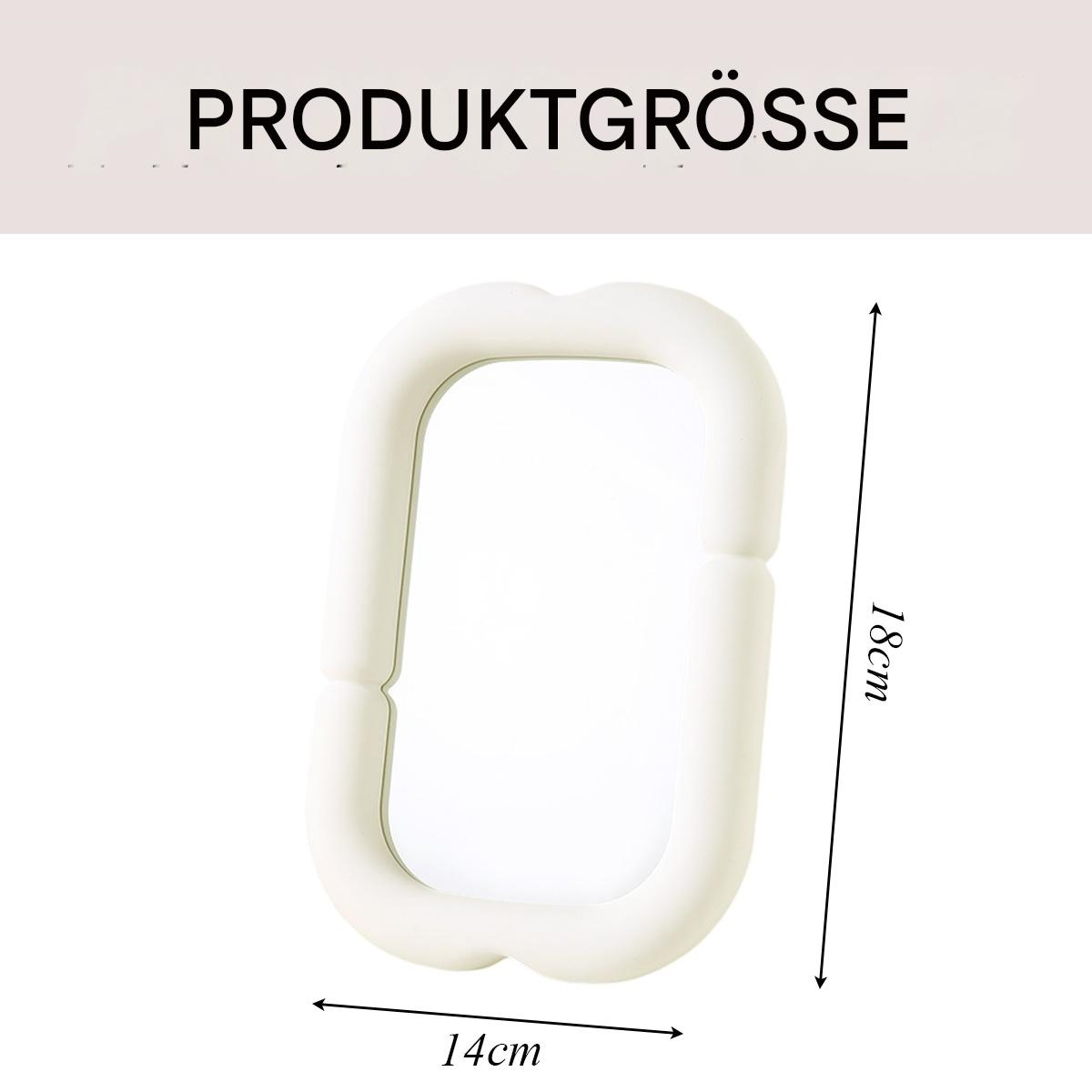 Weißer, abgerundeter Spiegel mit weißem Rahmen. Die Abmessungen sind mit 14 cm Breite und 18 cm Höhe angegeben.