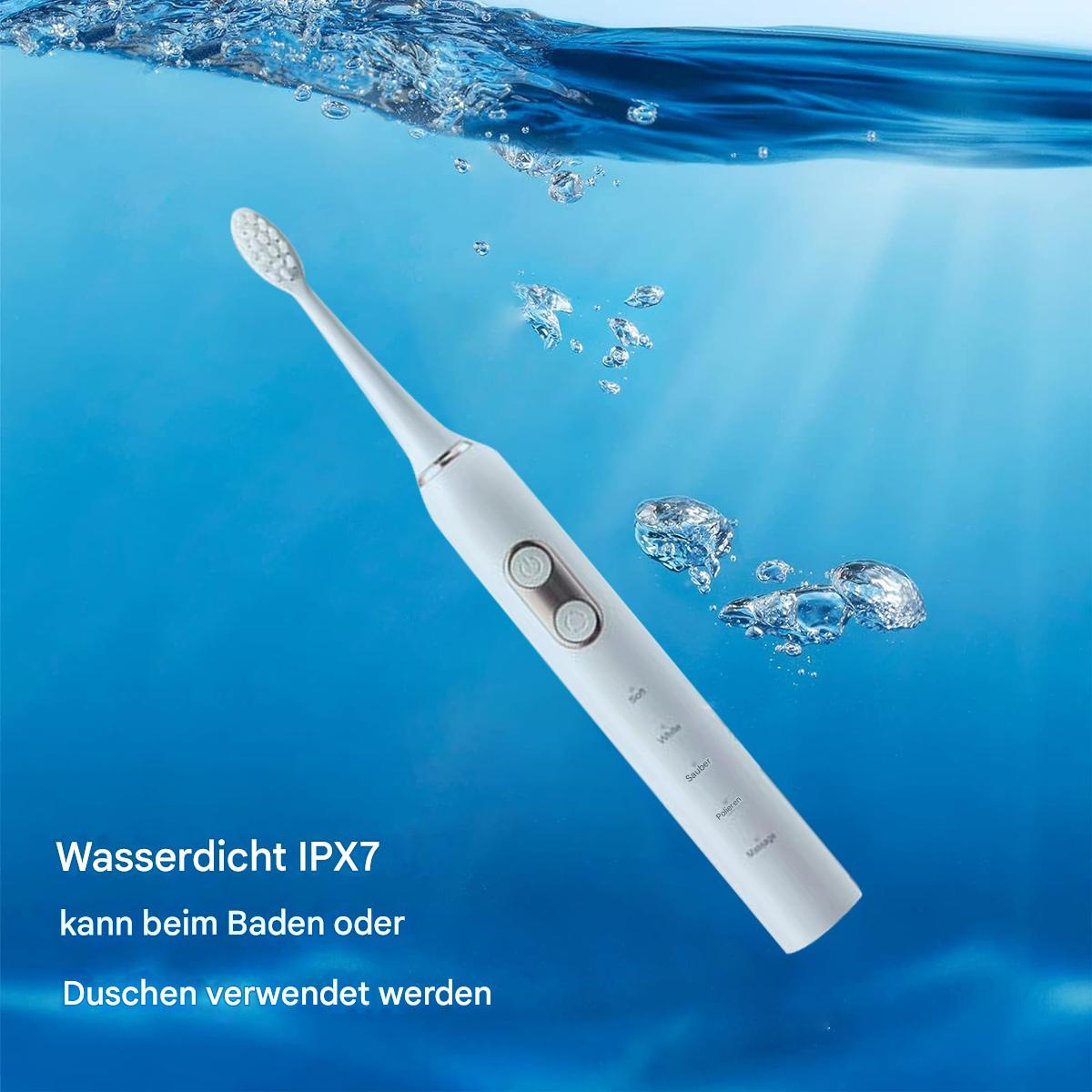 Weiße elektrische Zahnbürste im Wasser. Blasen um die Zahnbürste. Der Text sagt wasserdicht.