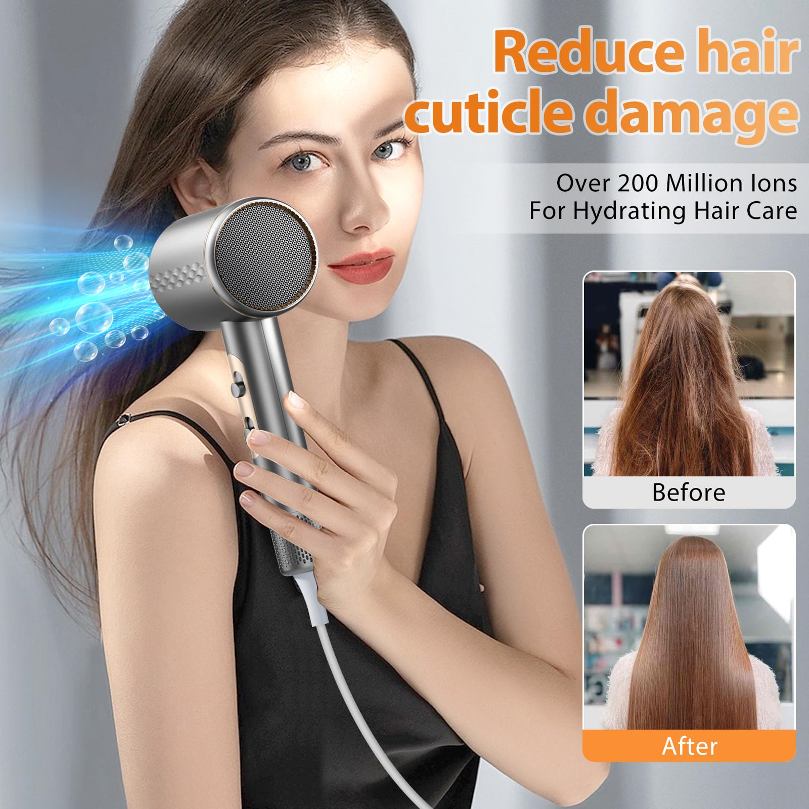 Eine Frau hält einen silbernen Haartrockner, mit einem Vorher-Nachher-Bild, das reduzierte Haarschäden zeigt.