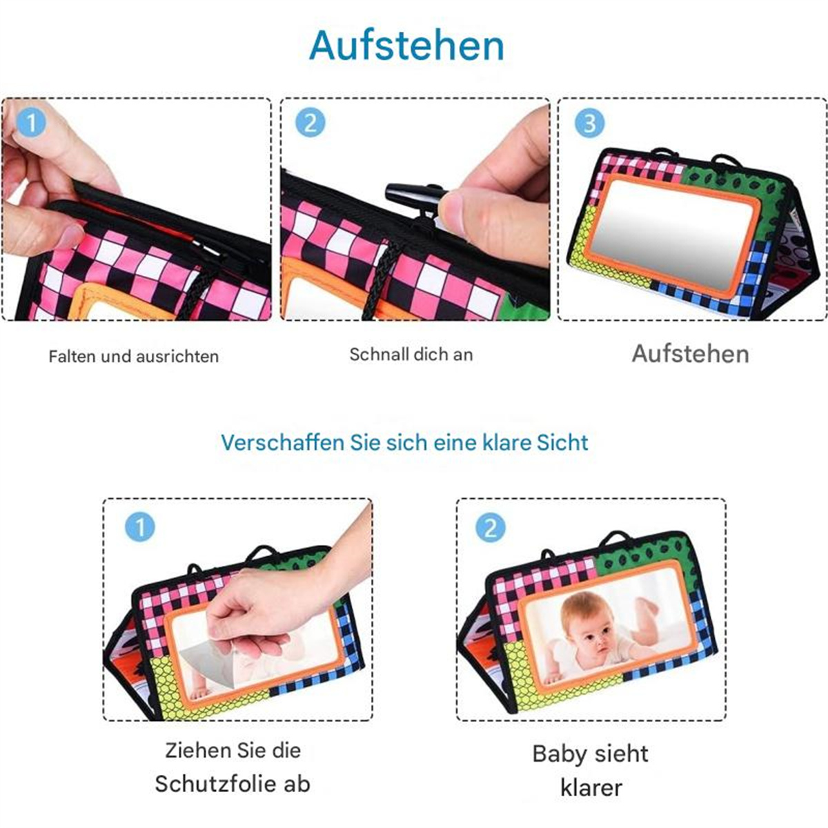 Anleitung für ein Babyspielzeug, die Falten, Sichern und Entzippen zur Spiegelenthüllung zeigt.