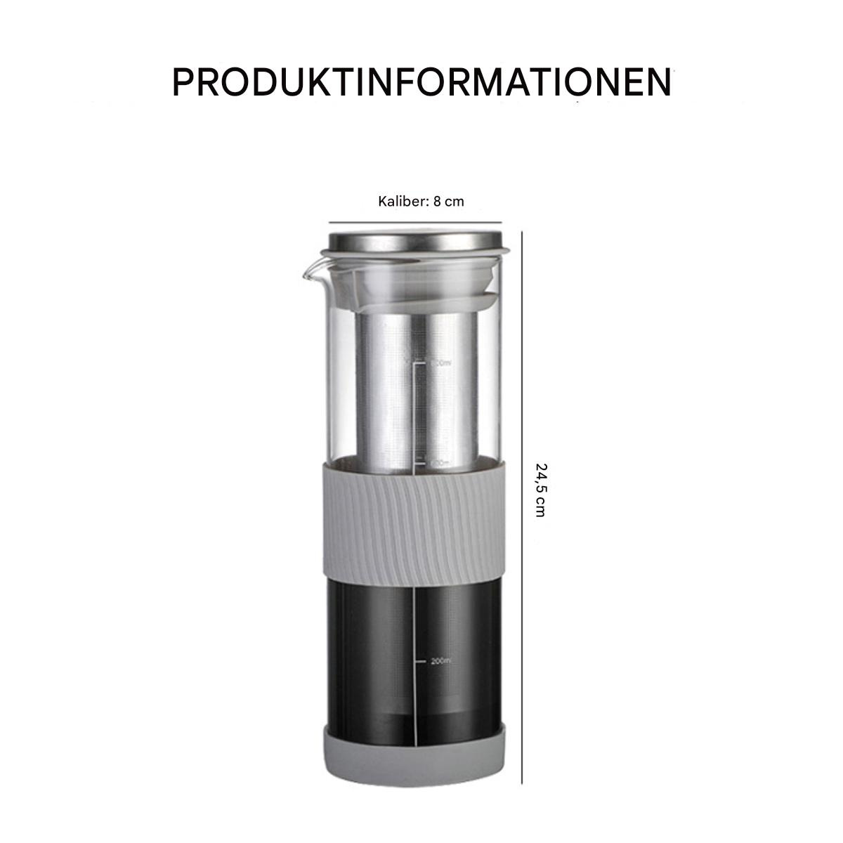 Hoher Tee-Aufguss aus Glas. Er hat einen Metallfilter und ein graues Band. Abmessungen sind angegeben.