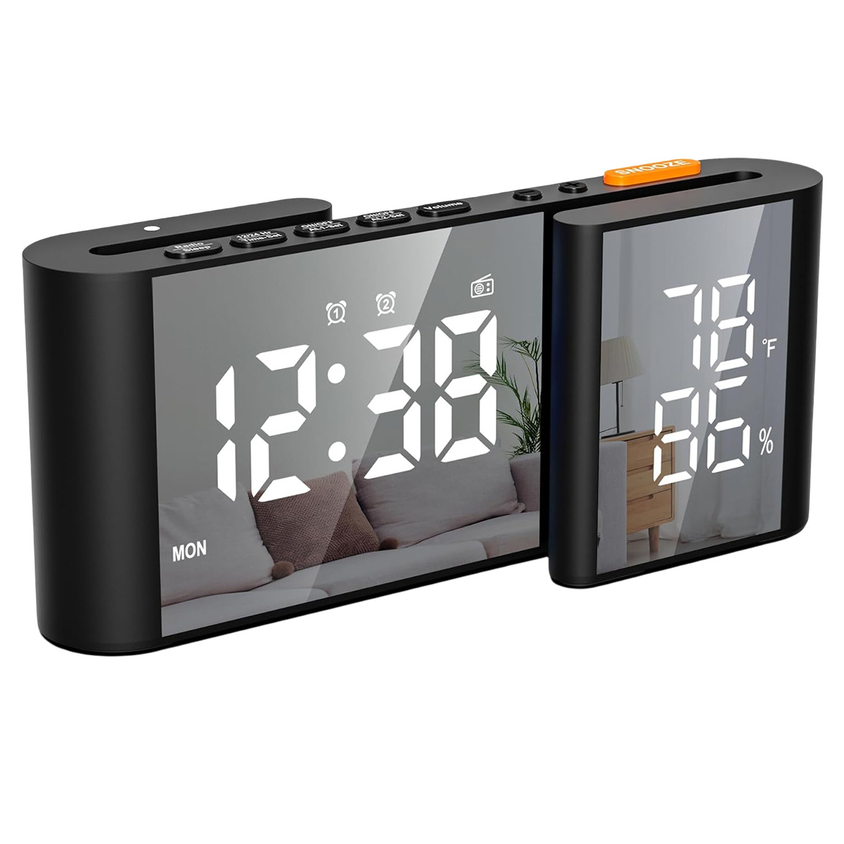 Schwarze Digitaluhr mit Spiegelanzeige, die Zeit, Temperatur und Luftfeuchtigkeit anzeigt. Orange Snooze-Taste.