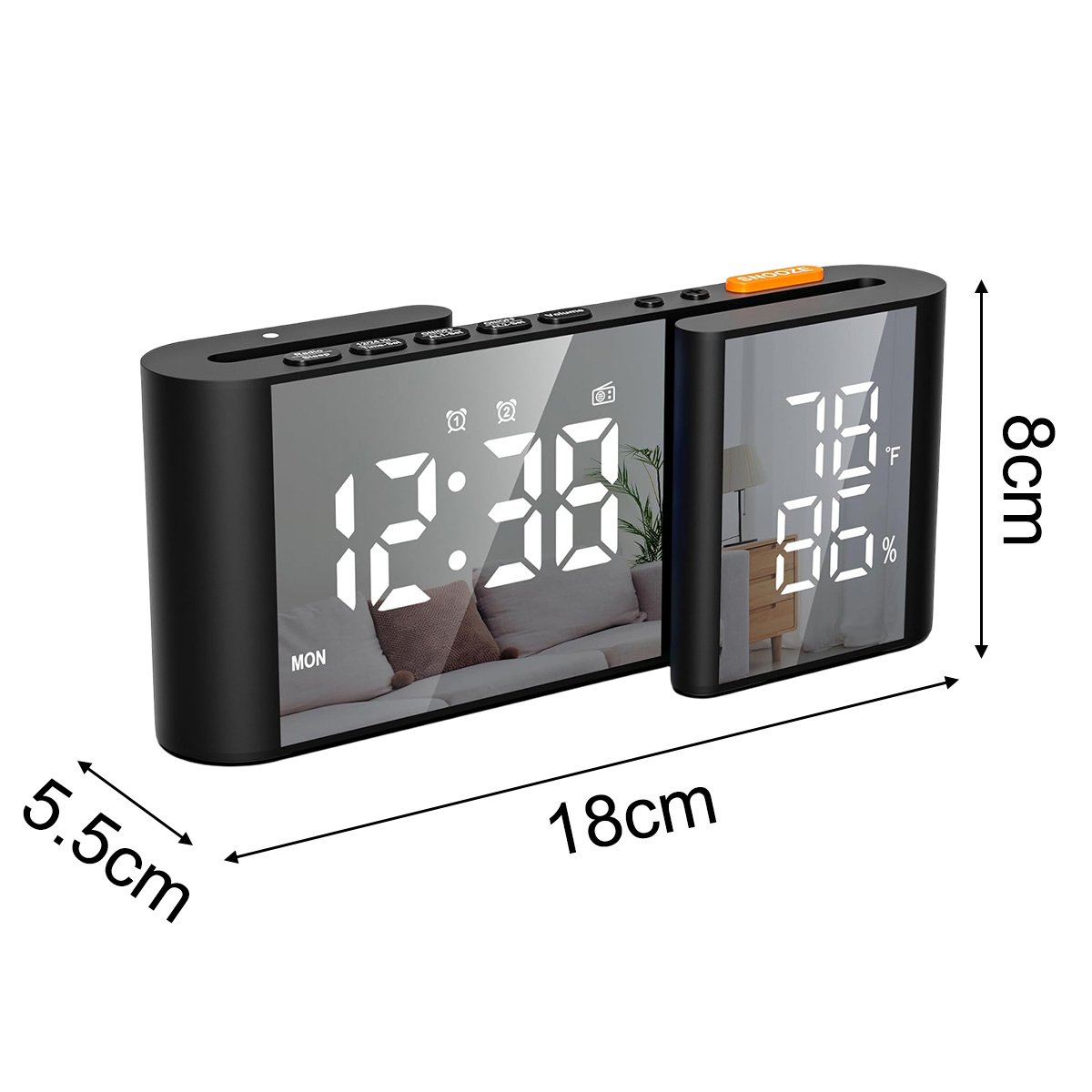 Eine schwarze Digitaluhr. Die Uhr zeigt die Uhrzeit, Temperatur und das Datum an. Maße in cm.