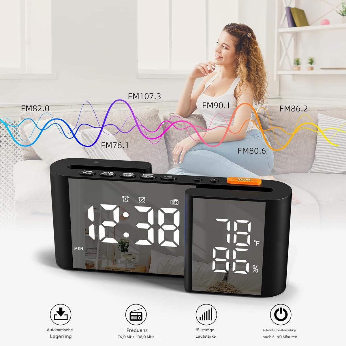 Digitaluhr und eine Frau. Die Uhr zeigt Zeit, Temperatur und Frequenzwellen.