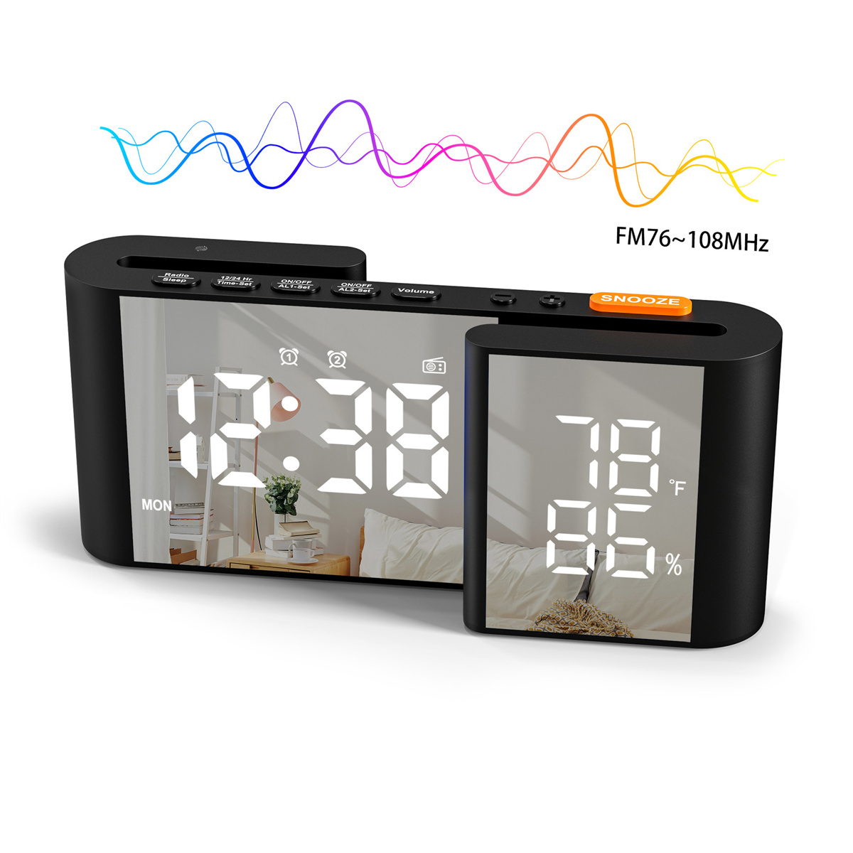 Schwarzer digitaler Wecker mit Anzeige von Zeit, Temperatur und Luftfeuchtigkeit. Mit Schlummertaste und Radiofrequenz.