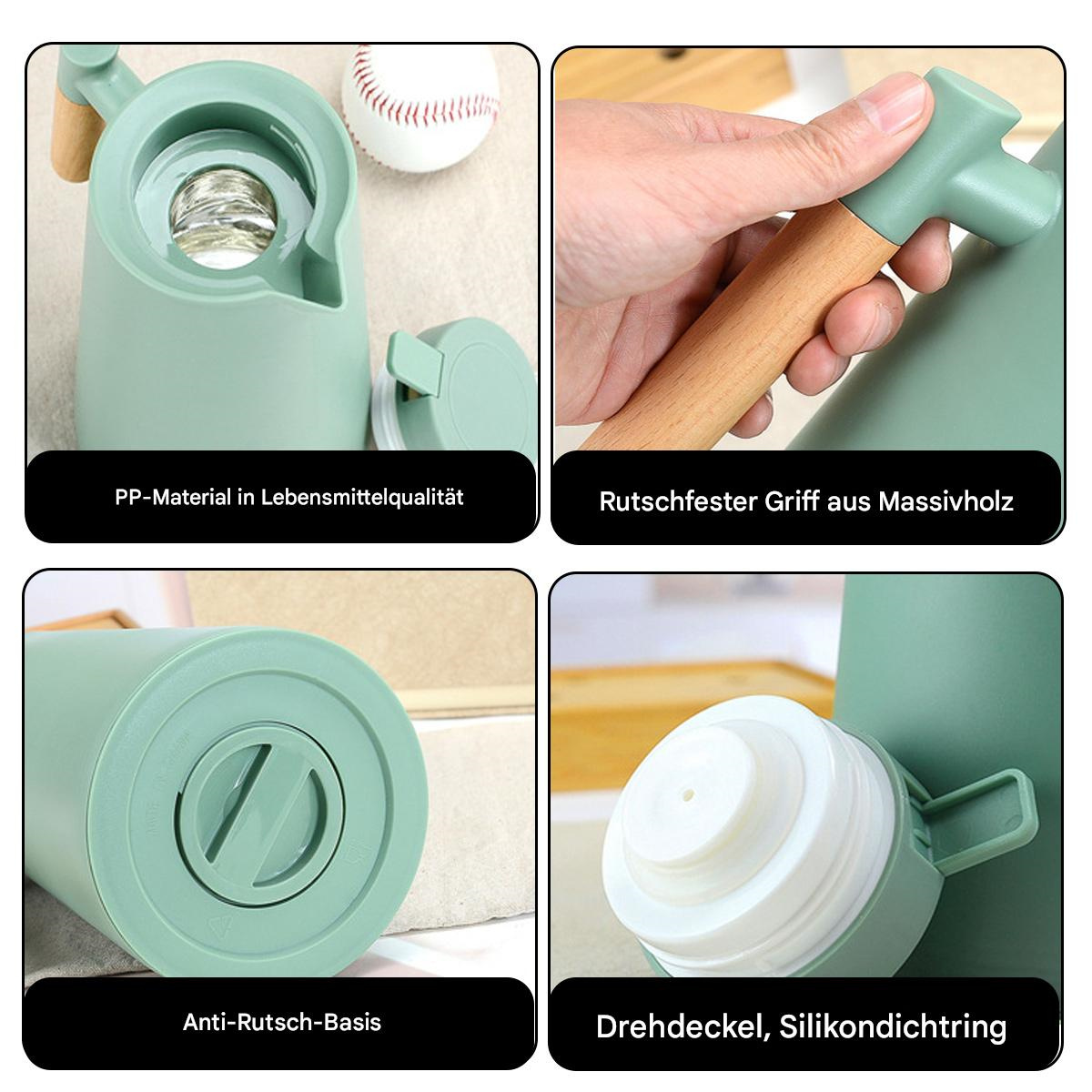 Eine grüne isolierte Wasserflasche mit holzartigem Griff und Deckel. Nahaufnahmen zeigen Merkmale wie den Sockel.