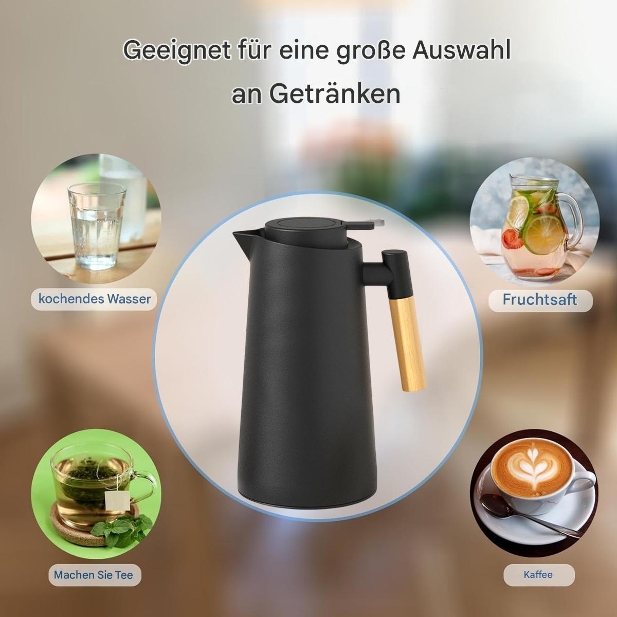 Schwarze Thermoskanne mit Holzgriff und verschiedenen Getränken drumherum: Wasser, Saft, Tee, Kaffee.