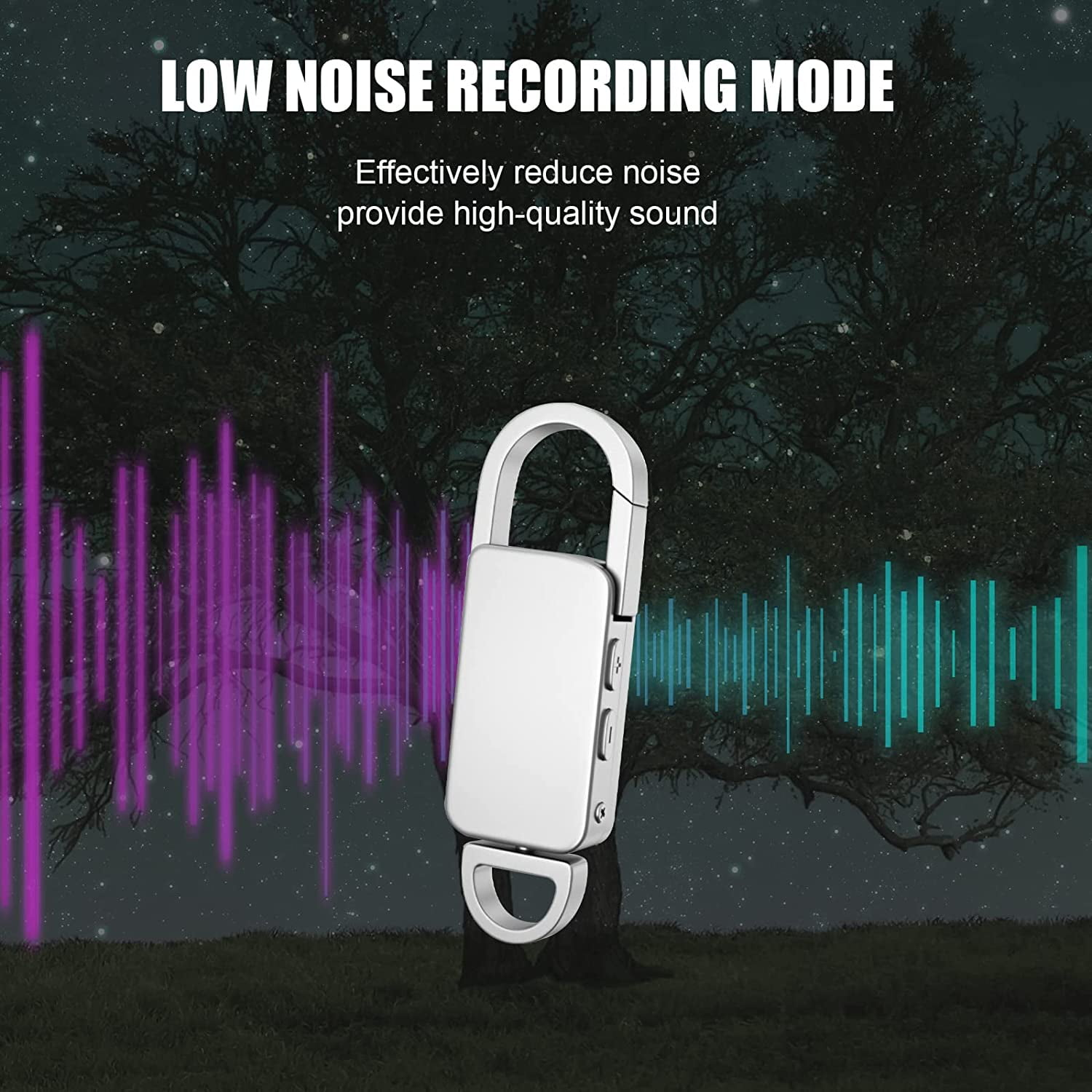 Ein silbernes Aufnahmegerät mit Karabinerhaken, mit Schallwellengrafiken und dem Text 'Low Noise Recording Mode'.