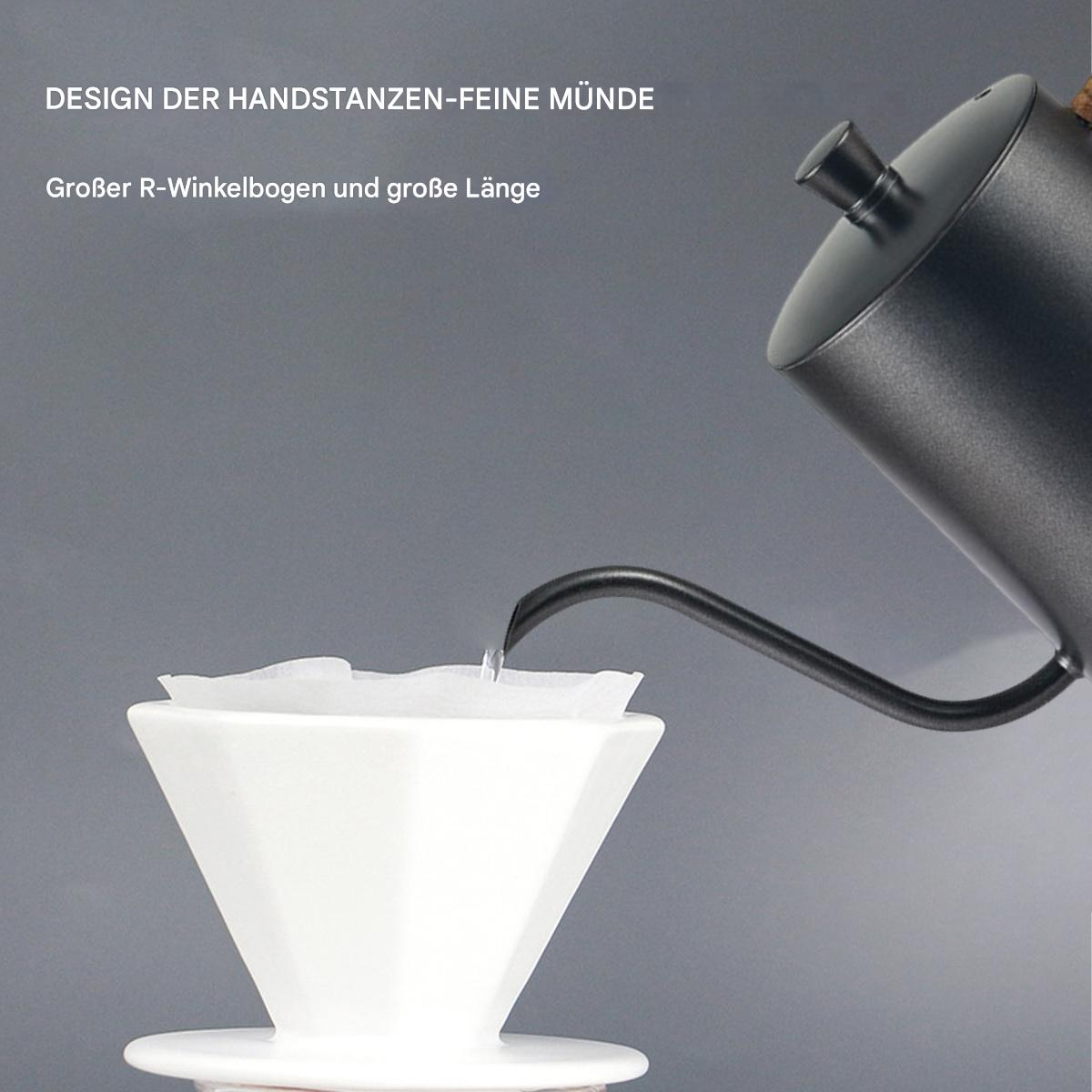 Ein schwarzer Schwanenhalskessel, der Wasser in einen weißen, kegelförmigen Pour-over-Kaffeefilter gießt. Text auf Deutsch.