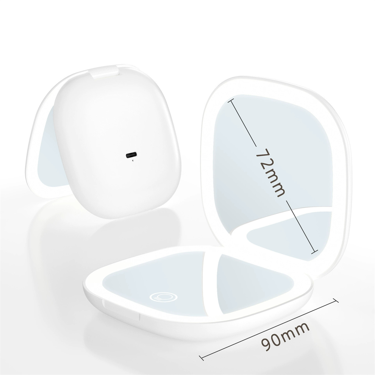 Weißer Kompaktspiegel, mit einem offenen Spiegel, der die Maße 72 mm x 90 mm zeigt.