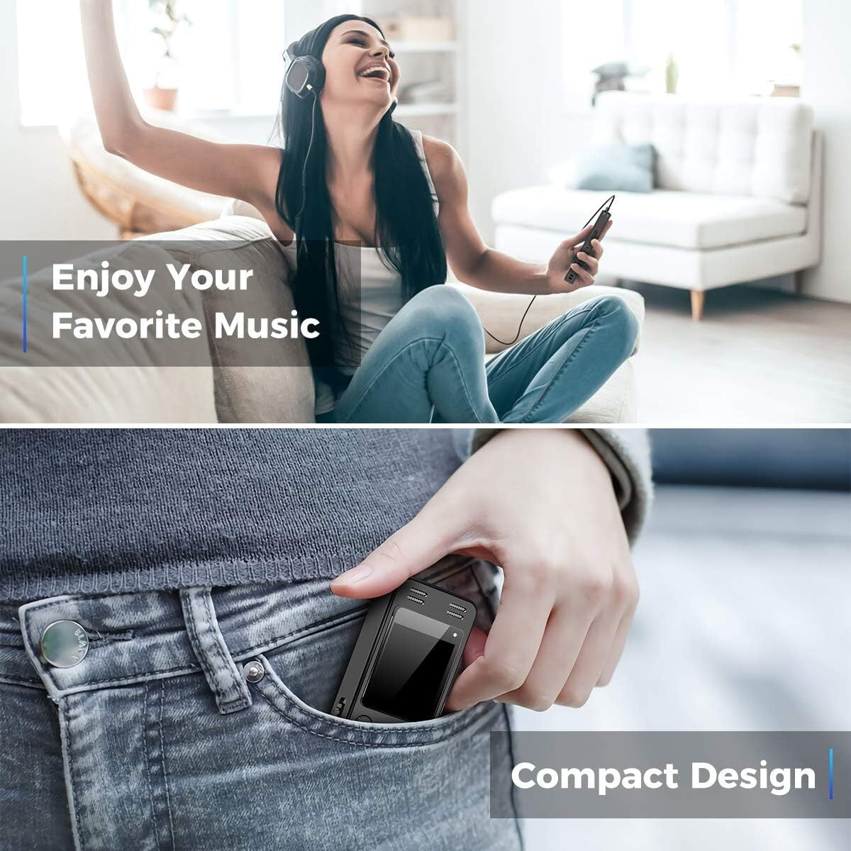 Frau mit Kopfhörern hört Musik von einem Handy. Telefon in der Tasche. Text: Genieße deine Lieblingsmusik, Kompaktes Design.