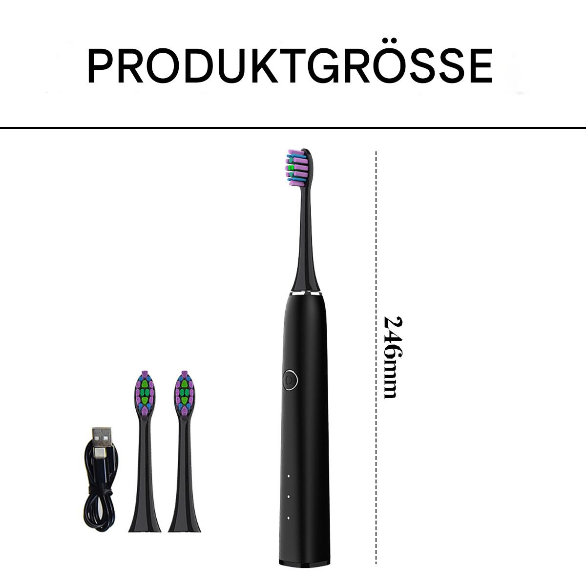 Eine schwarze elektrische Zahnbürste mit zwei zusätzlichen Bürstenköpfen und einem USB-Kabel.