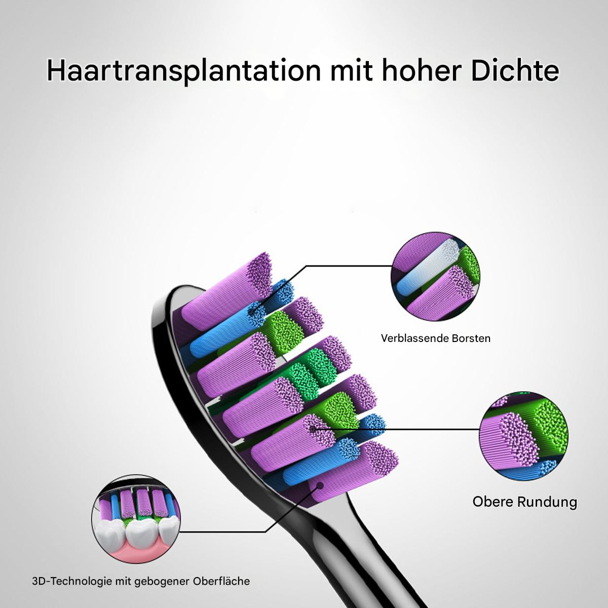 Ein Zahnbürstenkopf mit verschiedenfarbigen Borsten wird im Nahaufnahme gezeigt.