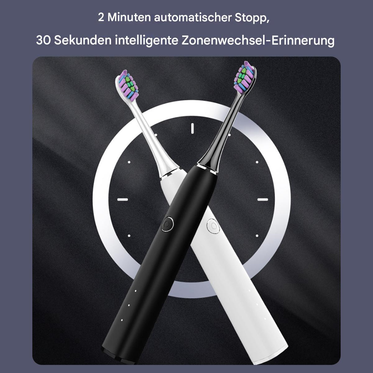 Zwei elektrische Zahnbürsten, schwarz und weiß, sind vor einem uhrartigen Hintergrund gekreuzt.