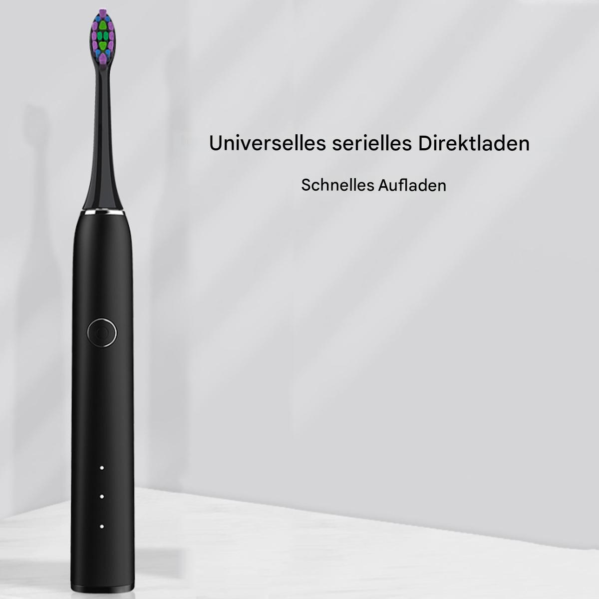 Schwarze elektrische Zahnbürste. Grüne und violette Borsten. Weißer Hintergrund. Text: schnelles Aufladen.
