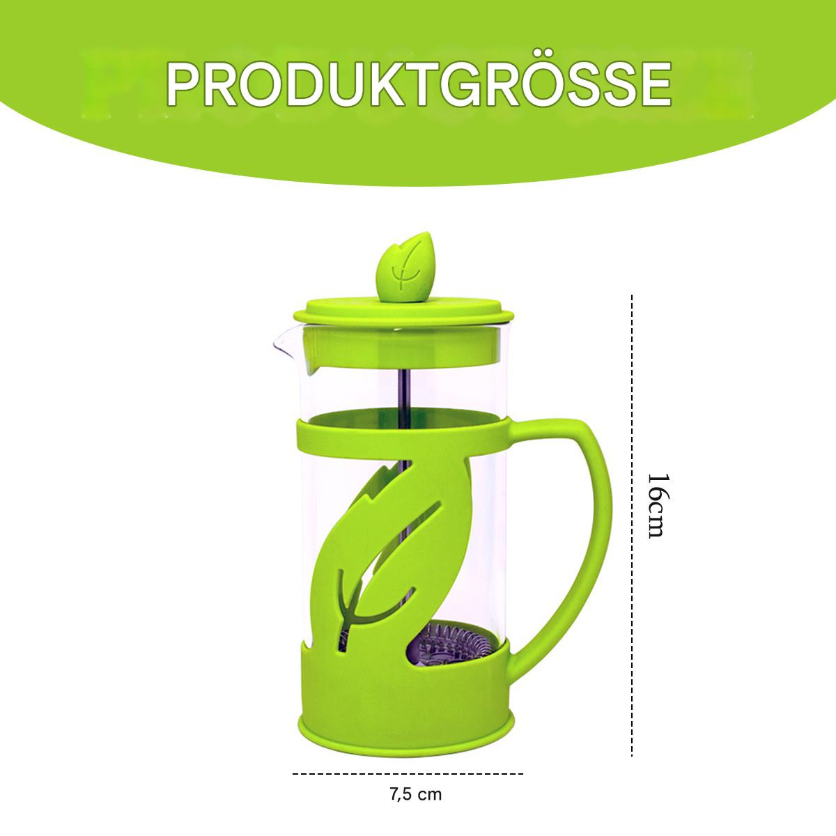 Ein grüner Tee-Aufgussbehälter mit blattförmigem Design, der seine Komponenten und Abmessungen zeigt.