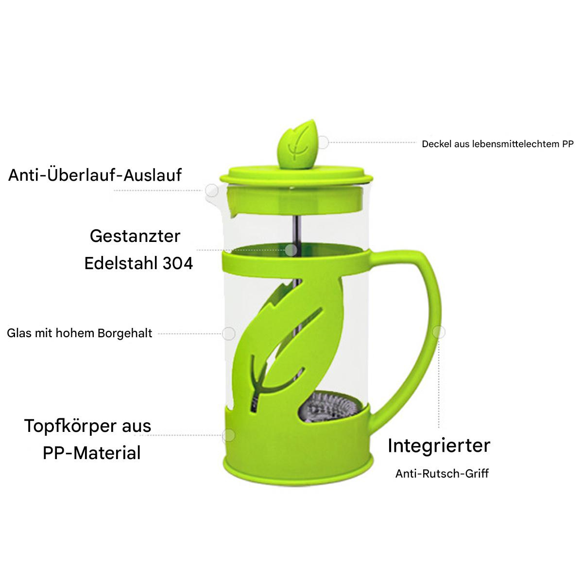 Grüne French Press mit Blattdesign. Mit Auslaufschutz und Griff. Transparenter Glaskörper.