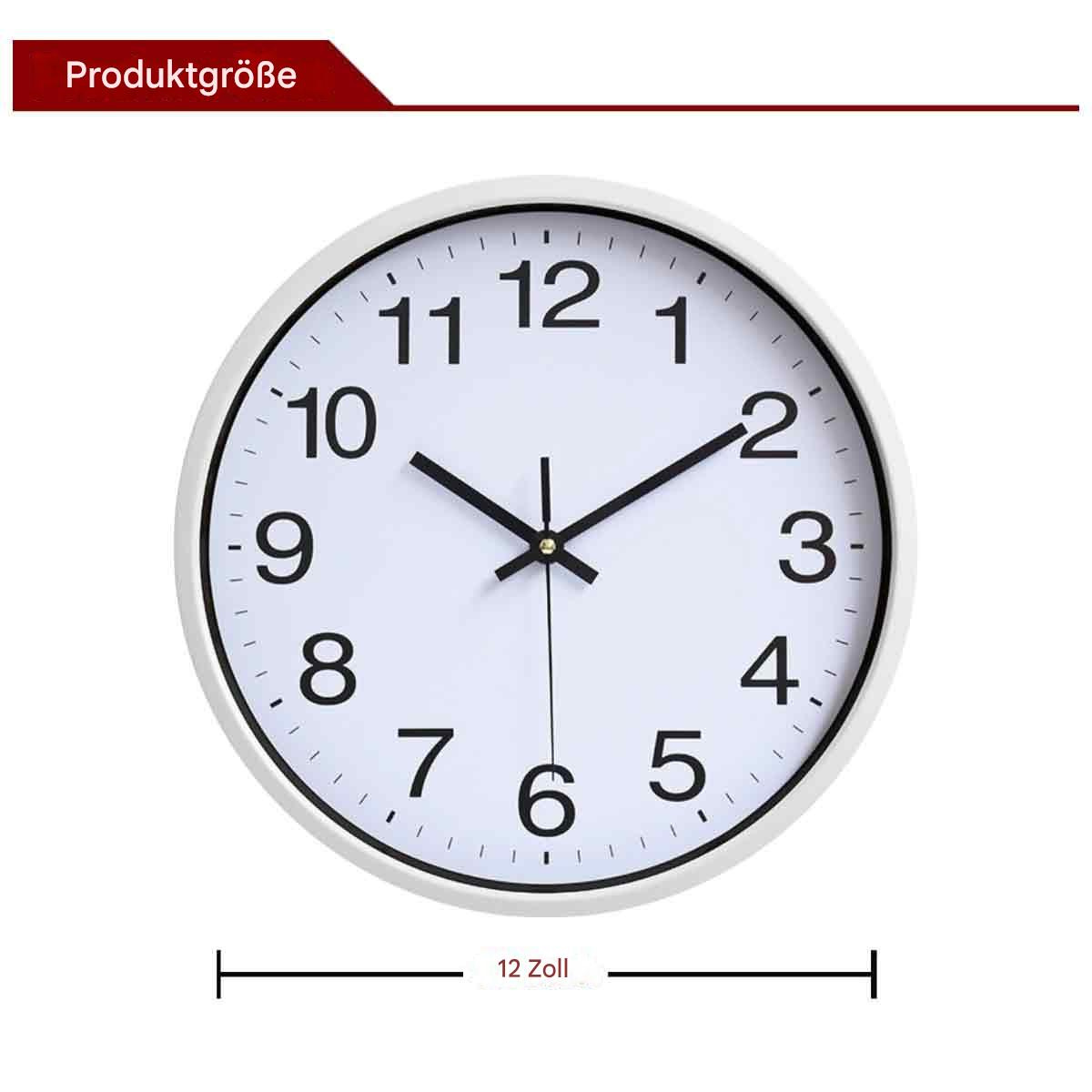 Weiße runde Wanduhr mit schwarzen Zahlen und Zeigern. Die Uhr zeigt 10:10 Uhr an, 12 Zoll.