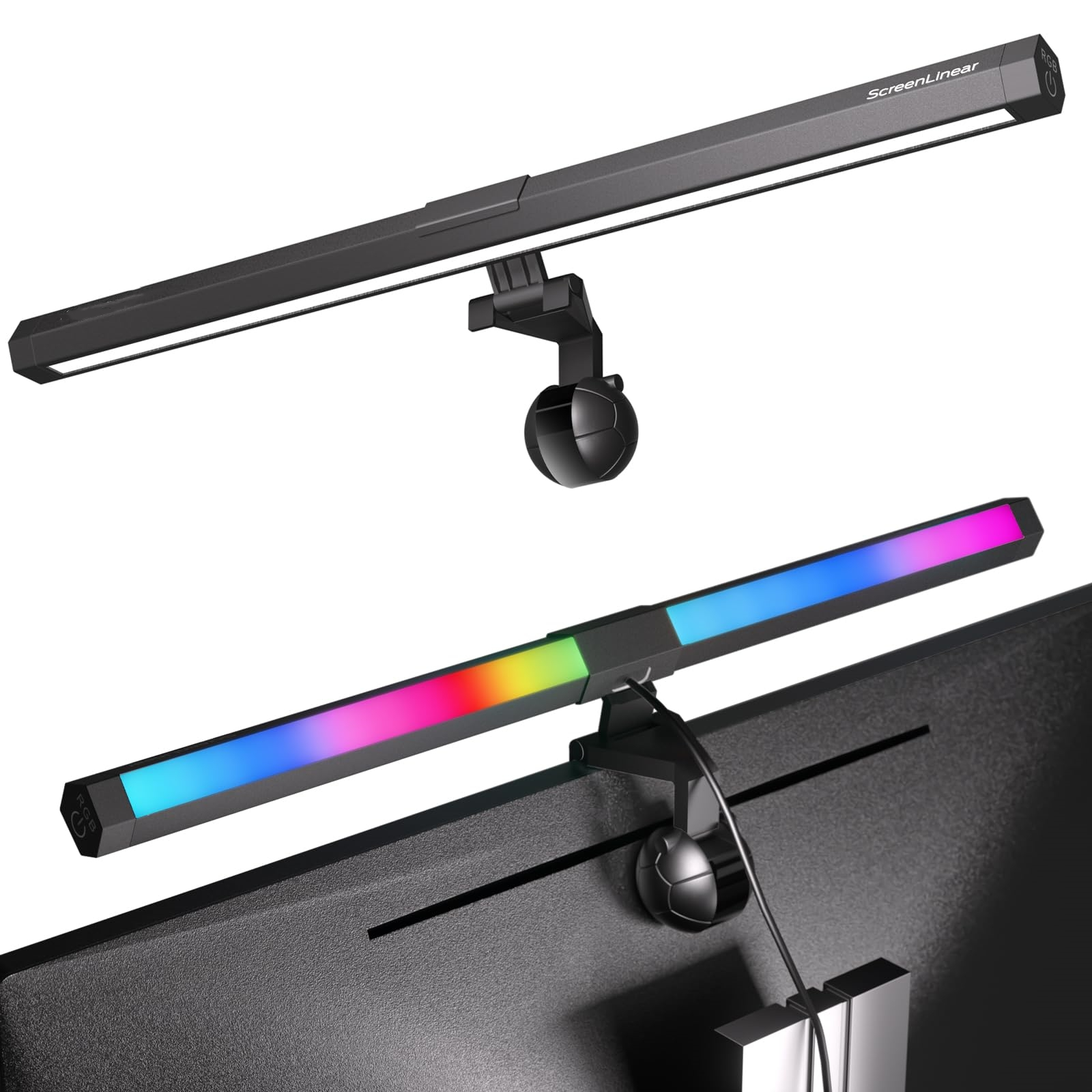 Zwei Computer-Monitor-Lichtleisten. Eine ist ausgeschaltet, die andere mehrfarbig.