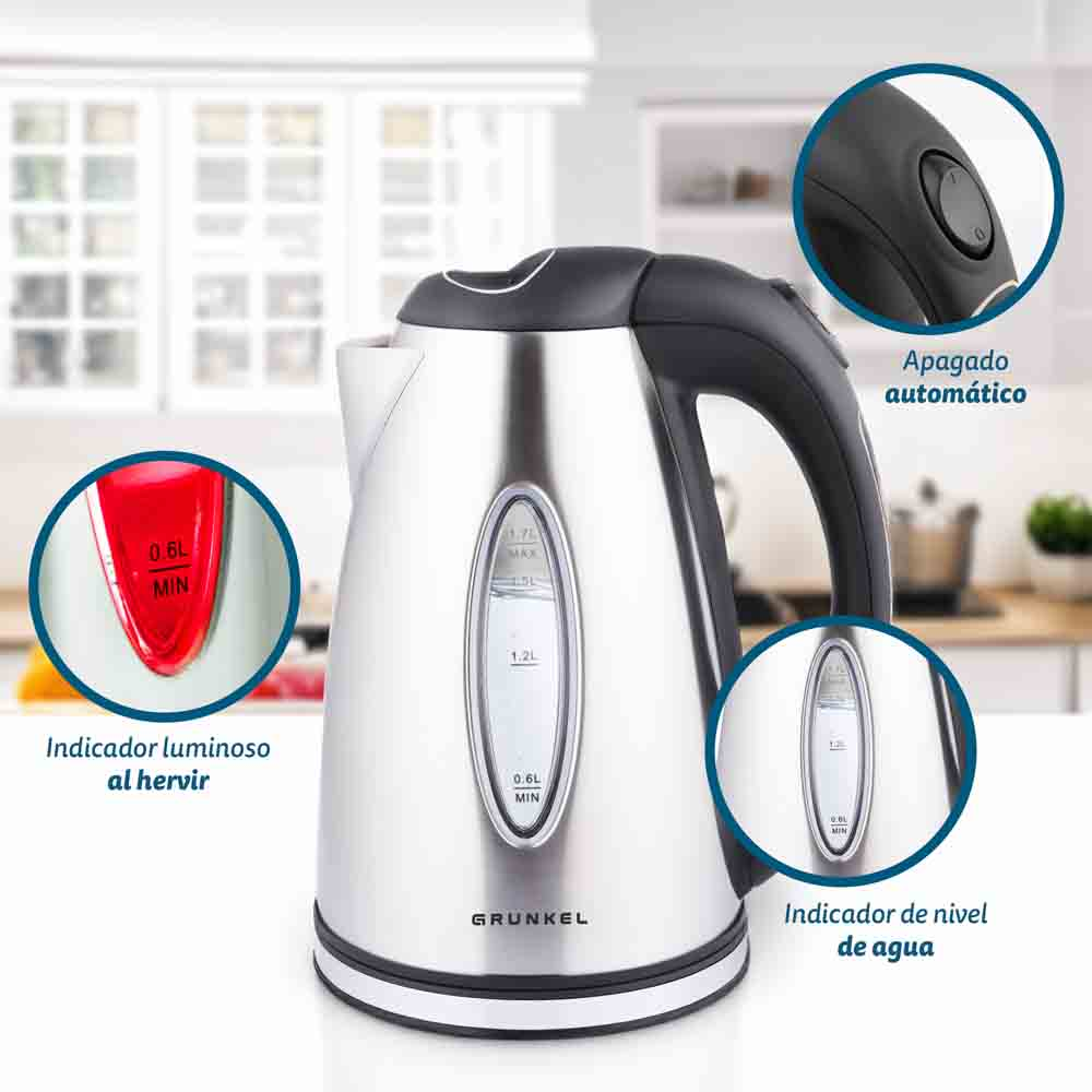 Una tetera eléctrica Grunkel de acero inoxidable, indicador de nivel de agua y ebullición y apagado automático.