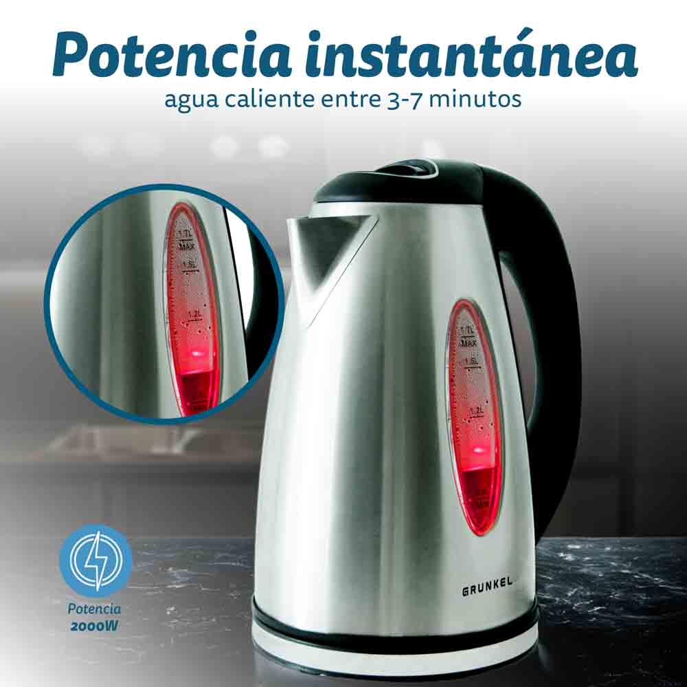 Hervidor eléctrico de acero inoxidable con nivel de agua iluminado en rojo.