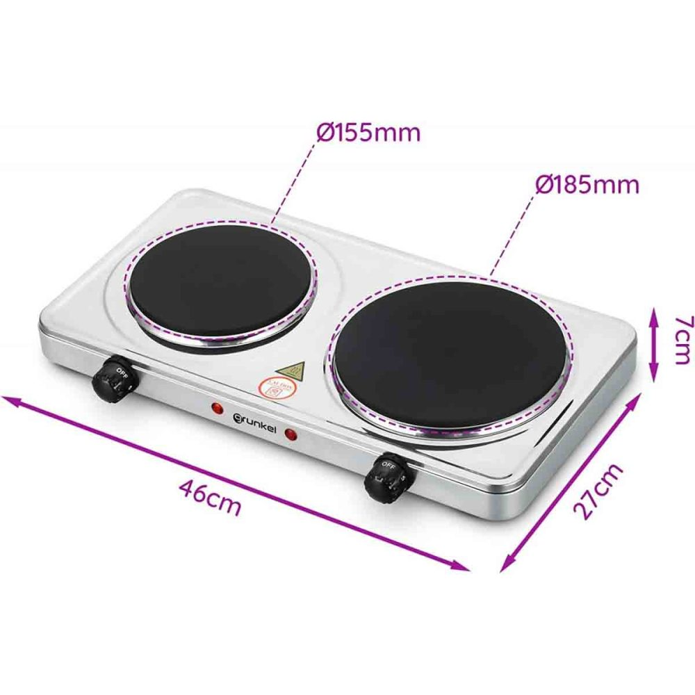 Una cocina eléctrica de doble quemador plateada con dimensiones, con dos quemadores y dos perillas.