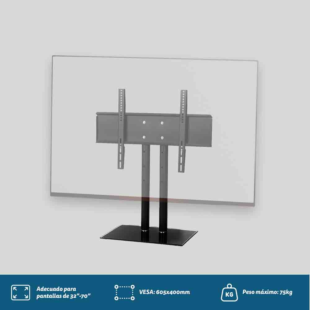 Soporte de TV con TV montada, fondo blanco, con texto de especificaciones.