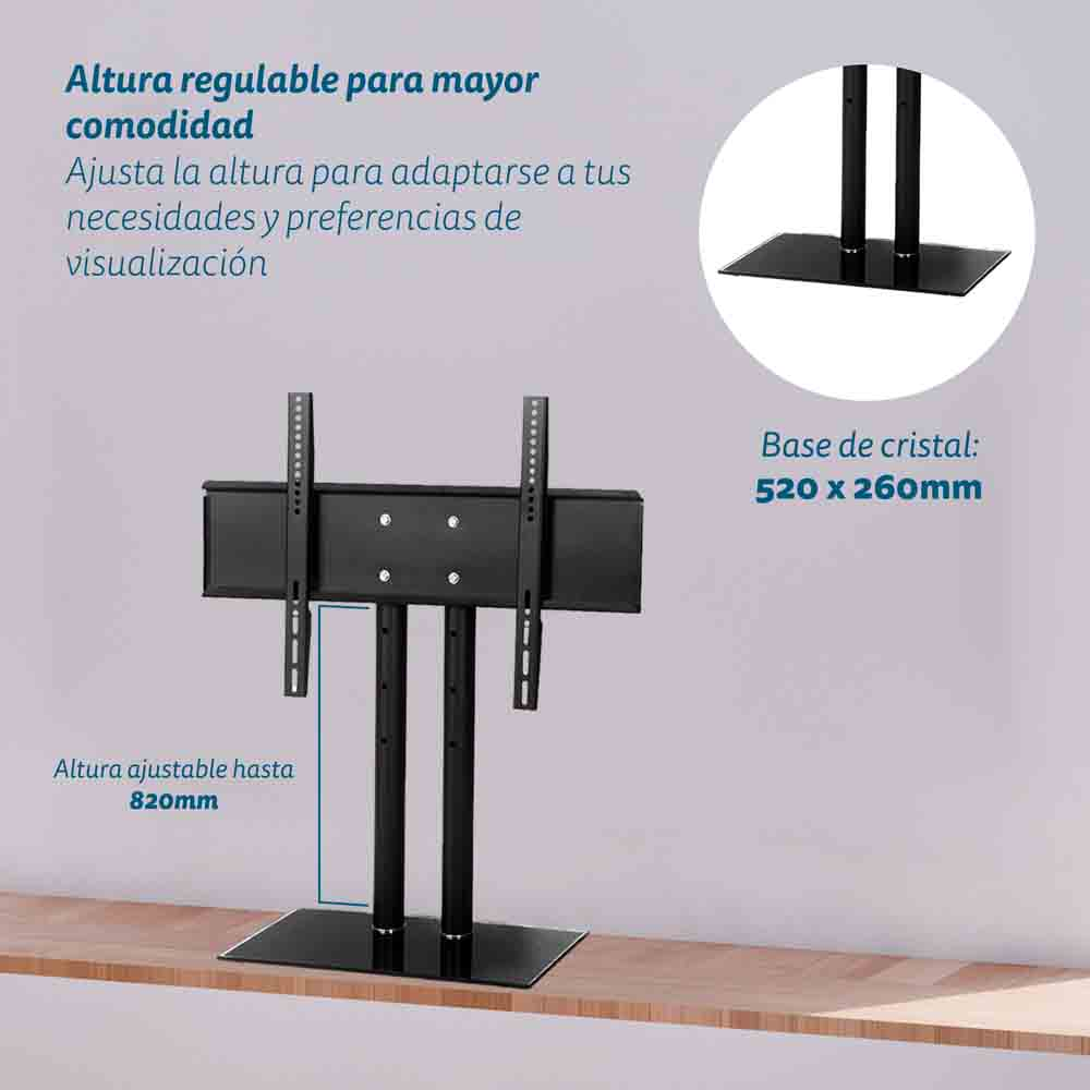 Soporte de TV negro con altura ajustable y base de cristal. Texto en español.